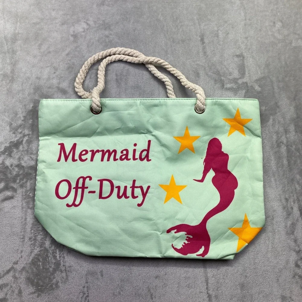 Light Green Striped Beach Tote‎ Bag Mermaid Off Duty Nautical Rope Handles NEW